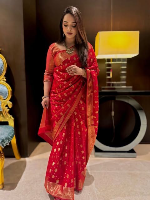 Red Banarasi Silk Saree with Golden Zari Work – LuxeThreads