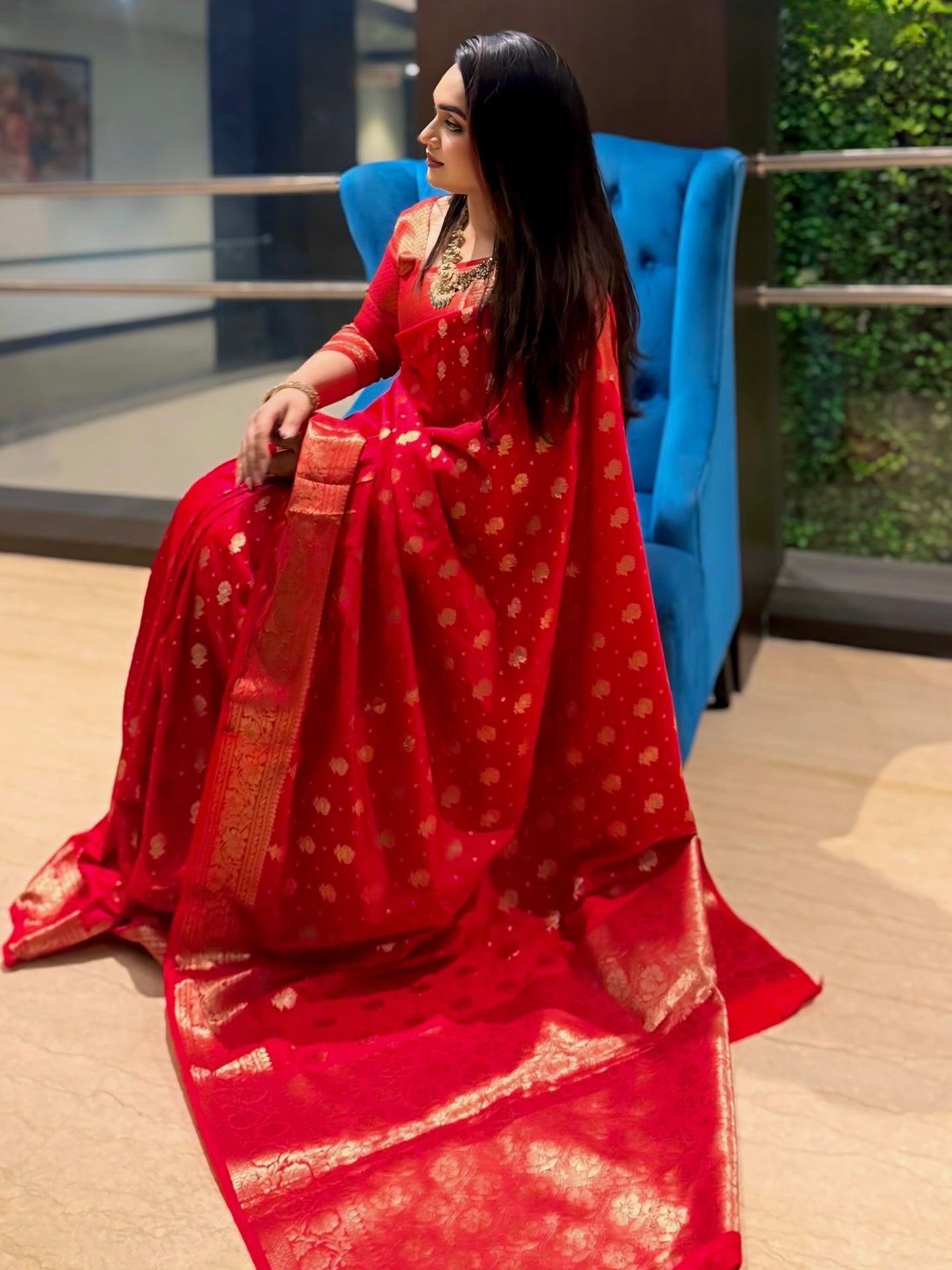 Red Banarasi Silk Saree with Golden Zari Work – LuxeThreads