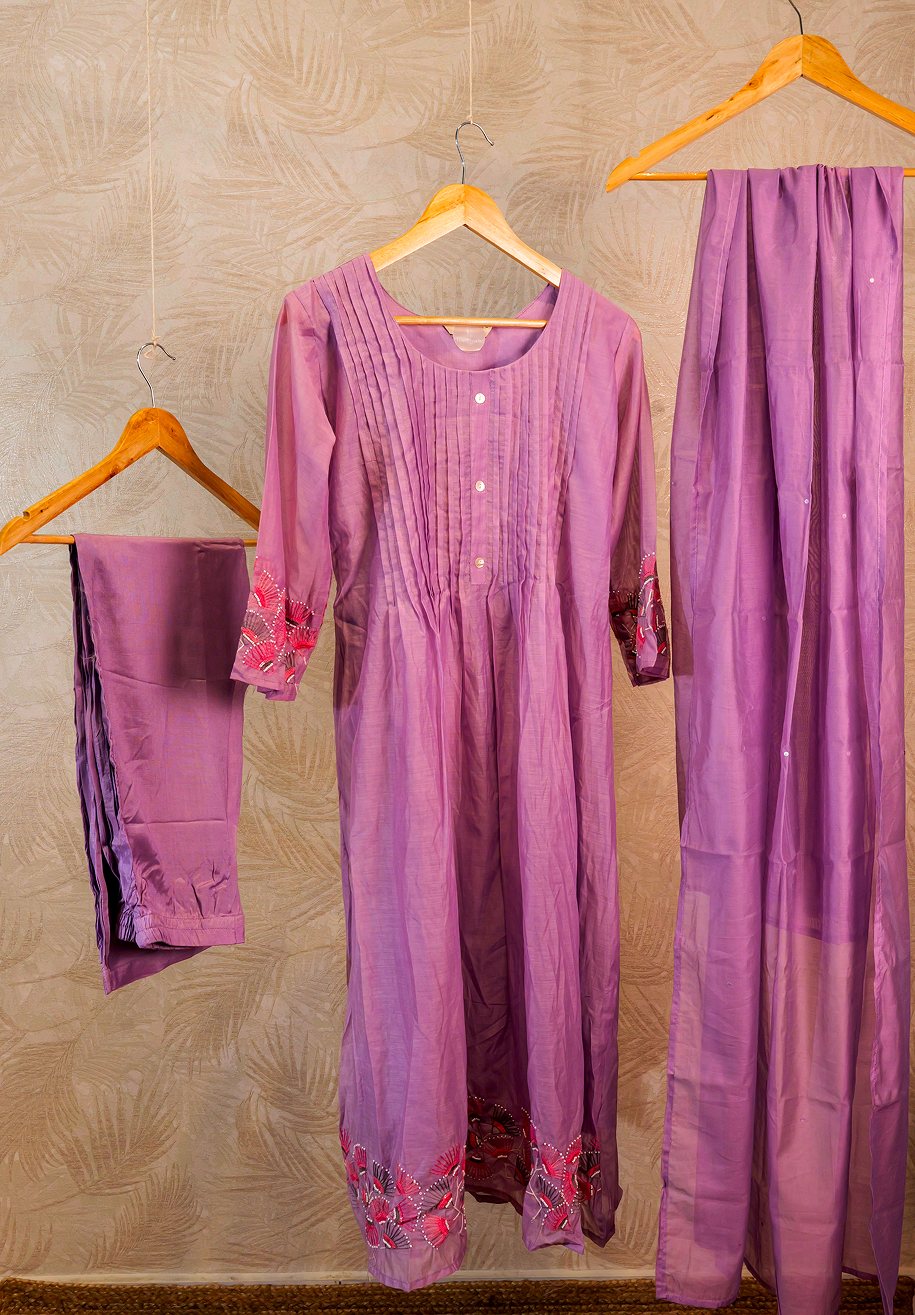 Chanderi silk pleated 3 Piece Salwar Set