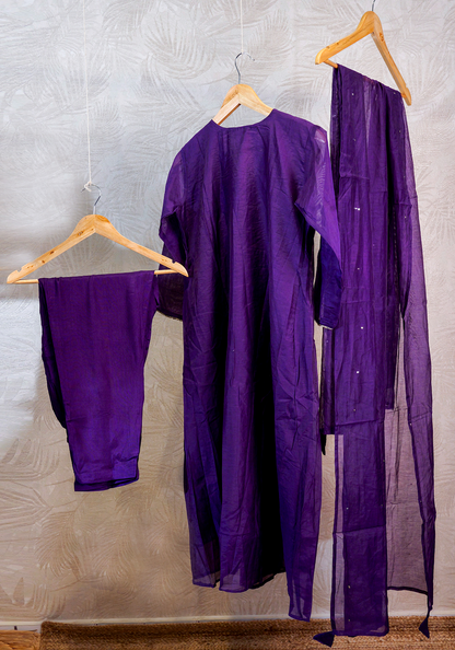 V -Neck  silk 3 Piece Salwar Set